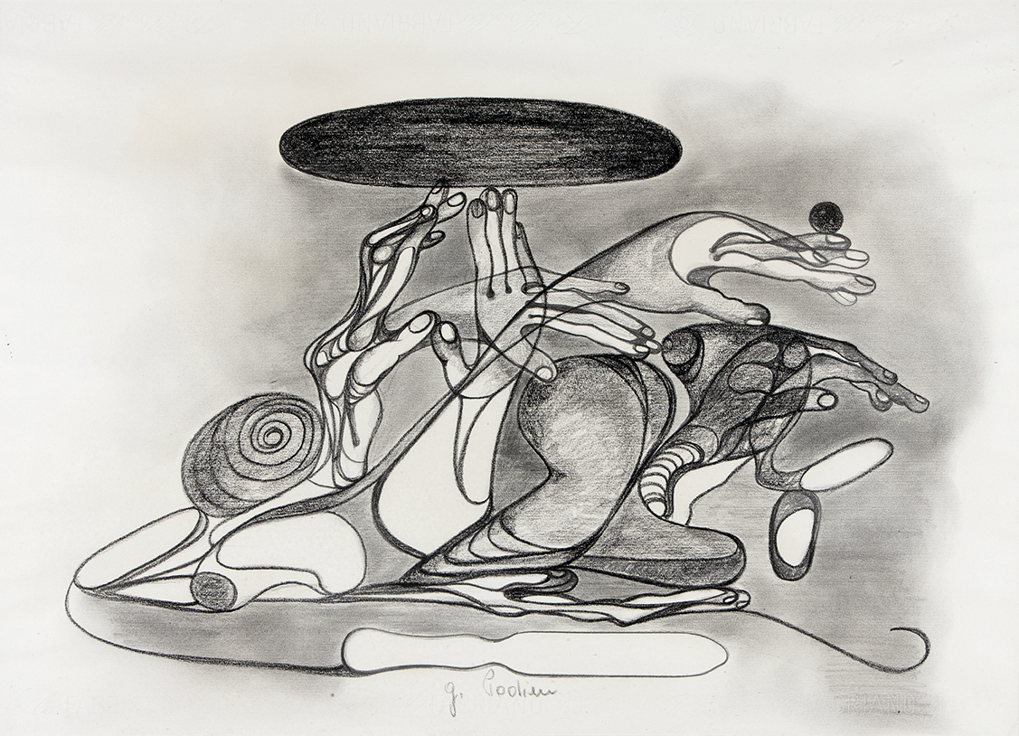 Gabriella Podini, Rivolta, 1973-74 ca., carboncino 50x68 cm. Collezione privata