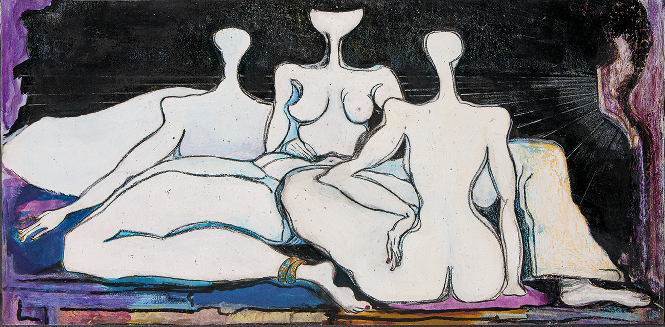 Gabriella Podini, Siesta, 1975-76 ca., tempera e cera su cartone 35x71 cm
